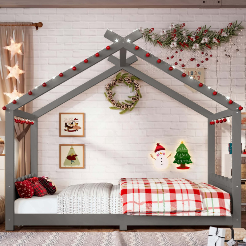 Lit de maison avec lattes de soutien, cadre de lit de maison en bois massif pour enfants, pas de sommier tapissier et structure d'ouverture