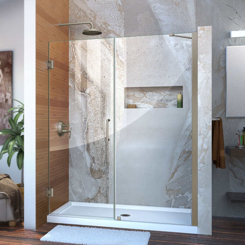DreamLine Unidoor 58 - 59 inch W x 72 inch H Frameless Hinged Shower Door with Support Arm in Brushed Nickel, Brushed Nickel
