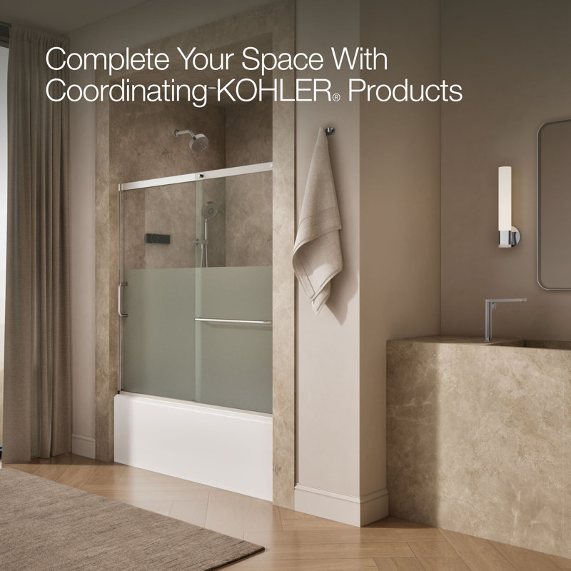 Elate Sliding Bath Door, 56-3/4-In H X 56-1/4 - 59-5/8-In W With Heavy 5/16-In Thick Crystal Clear Glass With Privacy Band