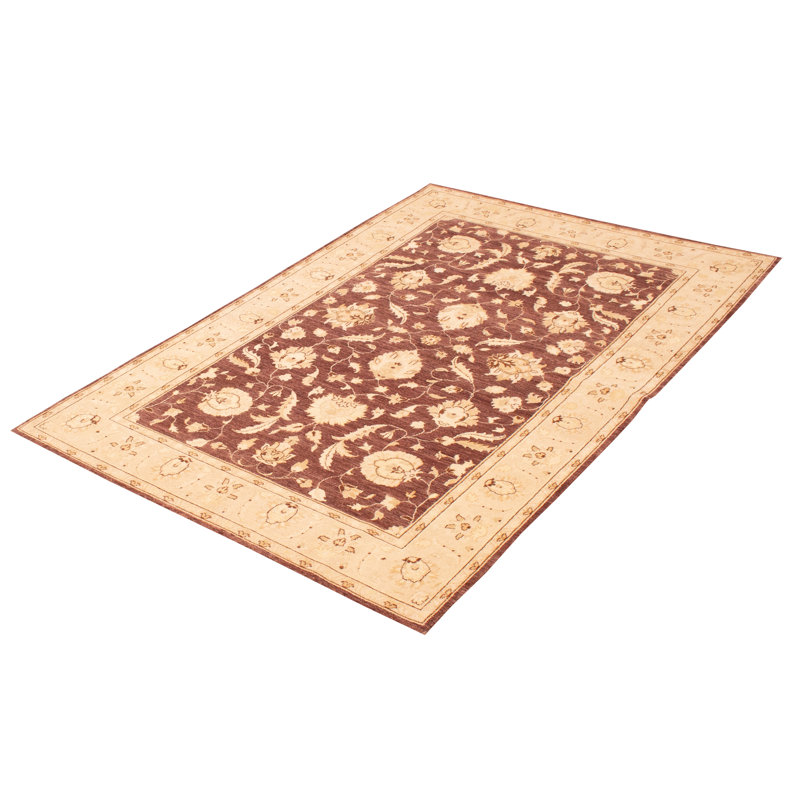 Tapis brun foncé en laine noué à la main de conception unique 6 pi x 9 pi New Age Ayantu