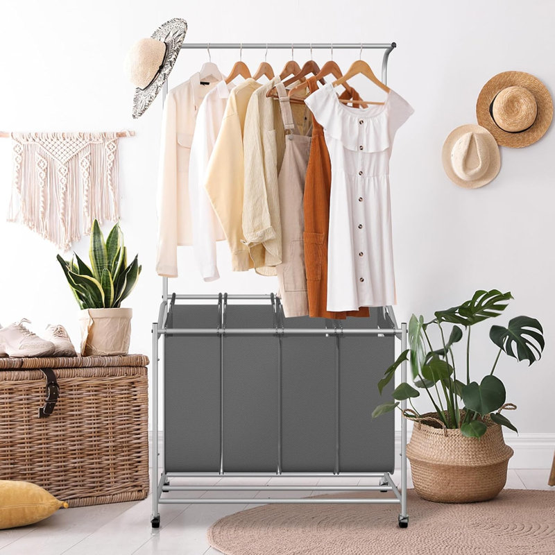 Trieur de linge 4 paniers et panier à linge et panier à linge avec barre de suspension et roues verrouillables, Gris foncé