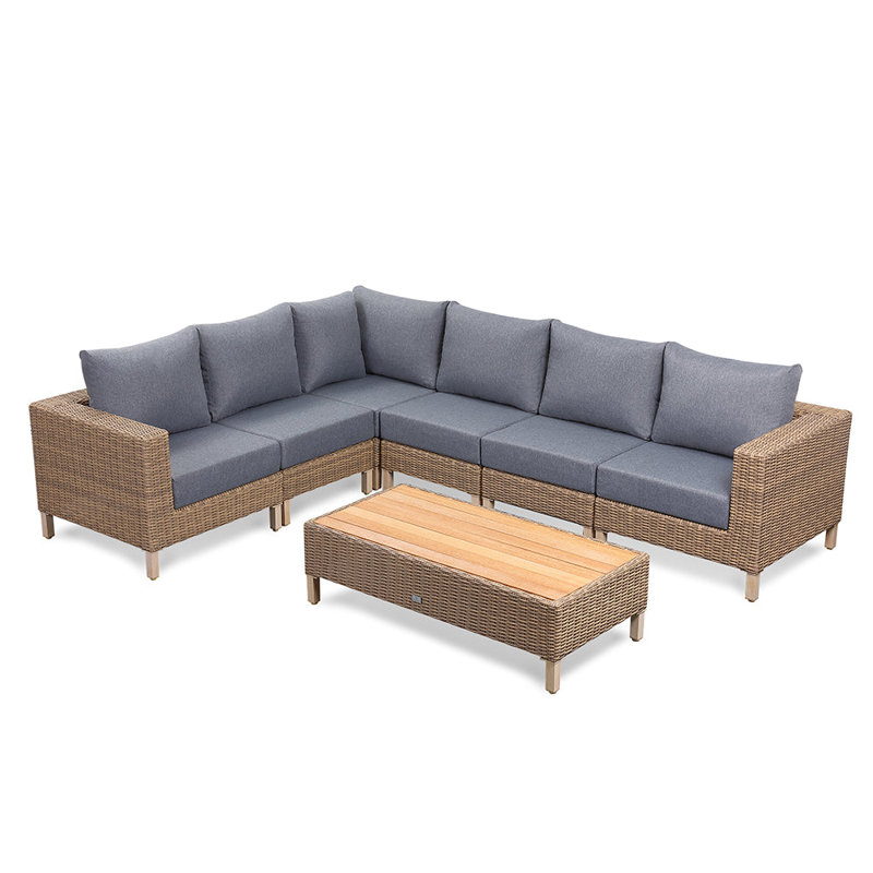 Lawrence Range Large Corner Sofa Set In Round Brown Rattan With Cushions And Teak Wood Table Top