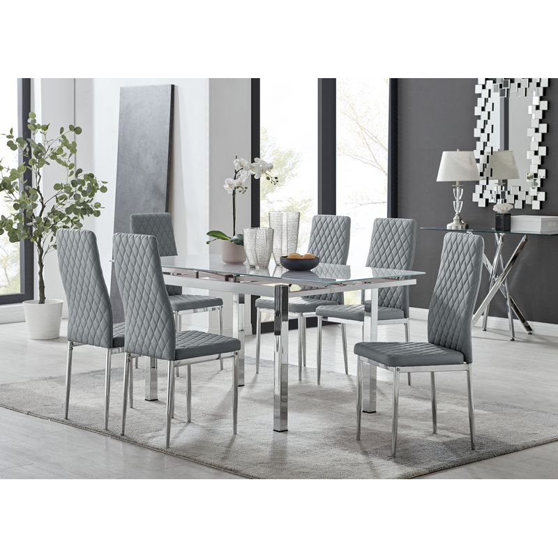 Tierra Modern Glass & Metal Extendable Dining Table Set & 6 Luxury Faux Leather Dining Chairs, Grey/Silver