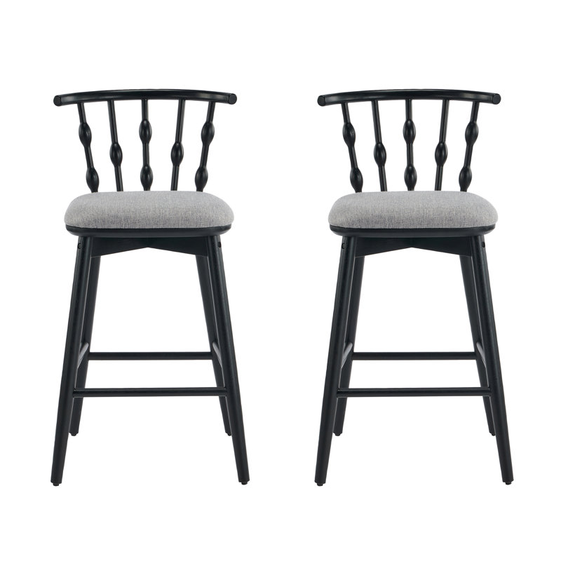 Tabouret de bar d'intérieur en bois, finition noire avec revêtement gris, ensemble de 2, Siège gris / cadre noir