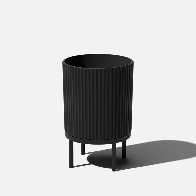 Black Fluted Concrete-Composite Planter with Acacia Wood Stand