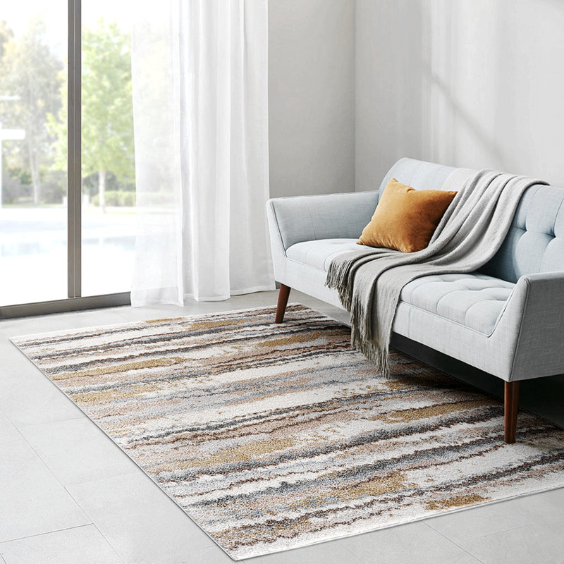 Tapis à rayures abstraites tissées à l'aquarelle, Rectangle 5 pi 3 po x 7 pi