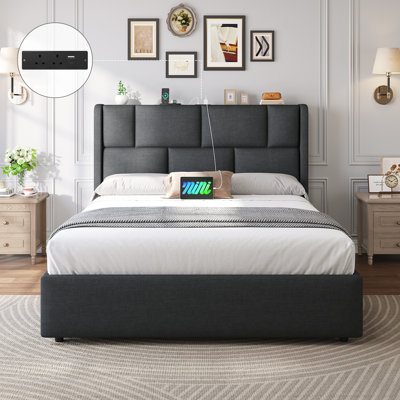 Ottoman Bed Frame with Hydraulic Lift-Up Storage, Charging Station and Height-Adjustable Headboard, Modern Linen Upholstered Bed with Under-Bed Storage Space
