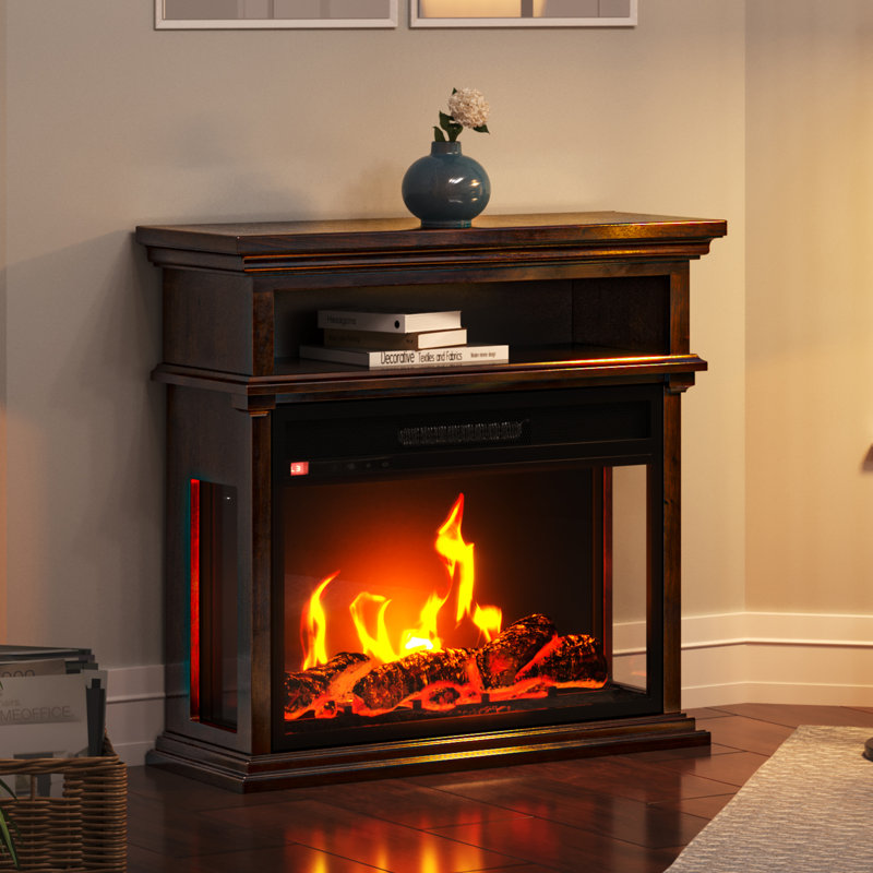 Foyer électrique Red Barrel Studio - Chaufferette à 3 côtés avec manteau de cheminée et tablette, télécommande, flammes DEL, bûches artificielles et réglages réglables