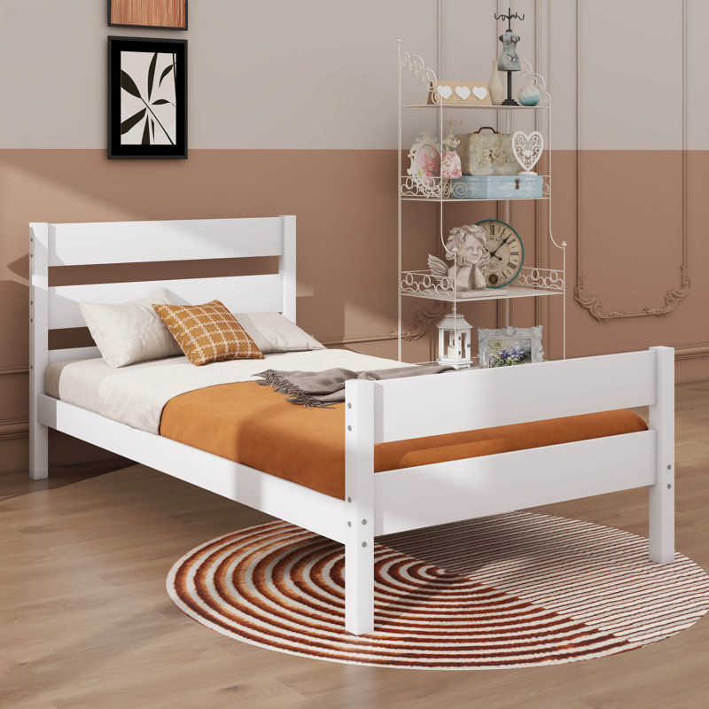 Structure de lit simple en bois avec tête et pied de lit intégrés, Blanc