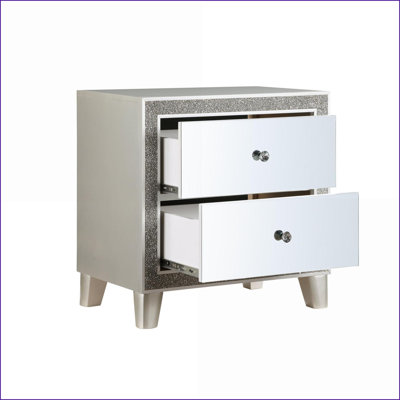 Table de chevet à miroir 2 tiroirs avec finition champagne pour chambre Glam