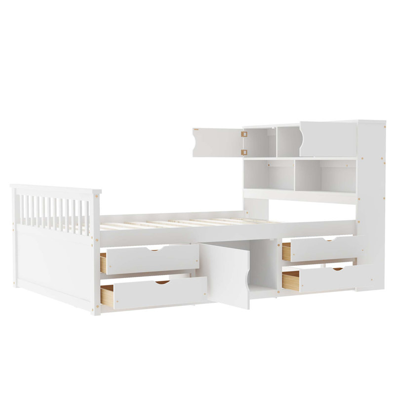 Structure de lit plateforme double avec bibliothèques de rangement et tablettes, quatre tiroirs, Blanc