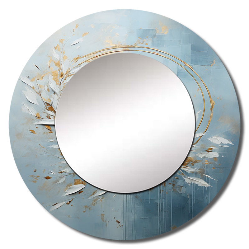 Satornino bleu et couronne de fleurs dorées - miroir décoratif couronne, miroir mural rond beige, impression d'art en métal