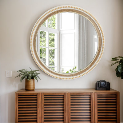 Frostley  Round Wood Wall Mirror with Beaded Detailing