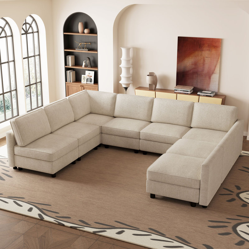 Canapé modulaire en L avec rangement, Mélange de polyester beige