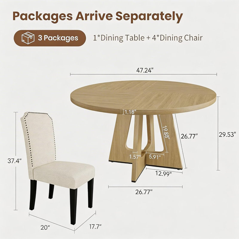 Ensemble de table de salle à manger 3 pièces 47,24 "avec 2 chaises rembourrées, table de cuisine pour 4 à 6 personnes, ensemble de coin-repas compact pour appartement, salon, petit espace, salle à manger