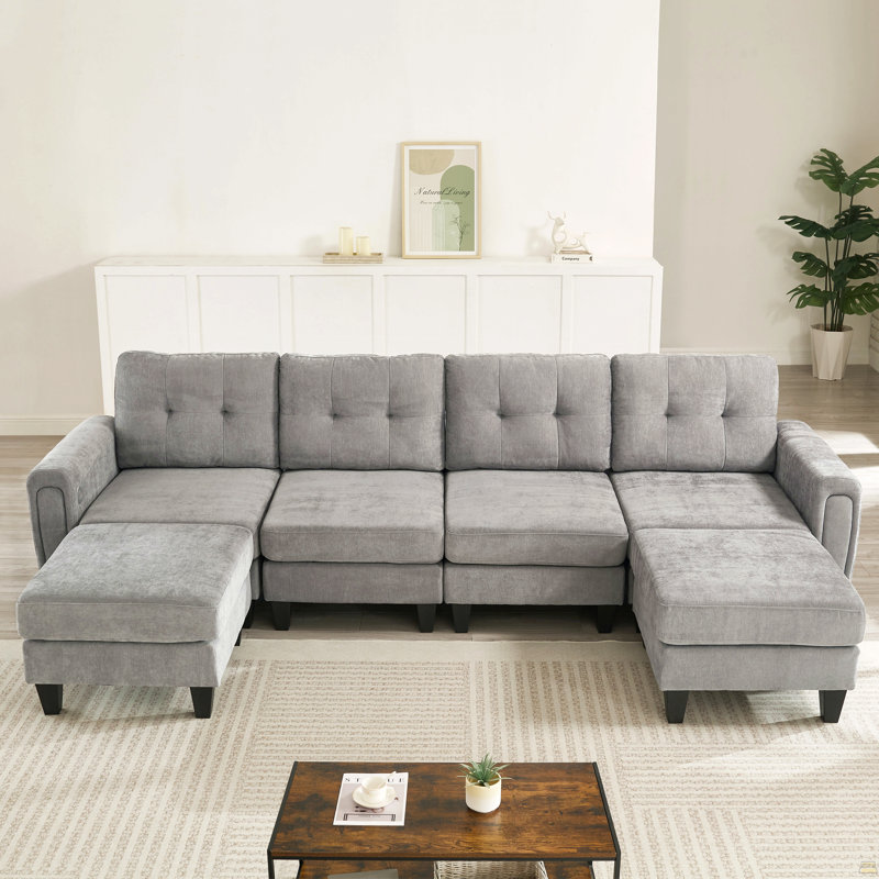 Canapé modulaire Canapé modulaire en U de 115 po avec deux repose-pieds mobiles, ports USB et tables d'appoint, Gris chenille