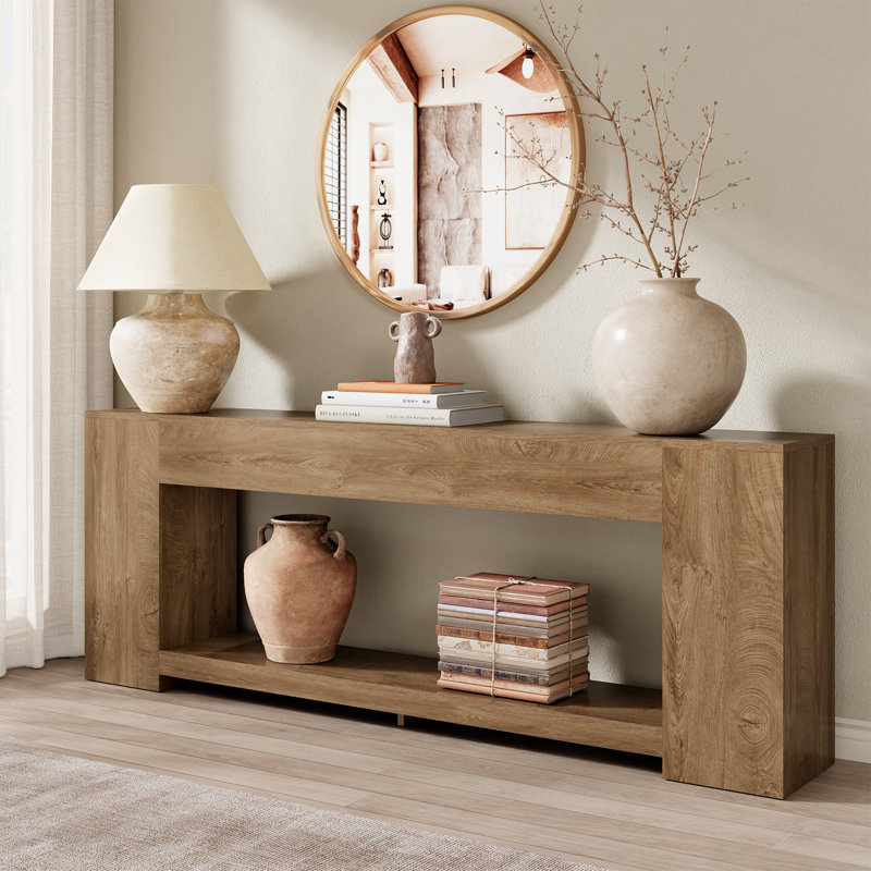 86-Inch Extra Long Sofa Console Table, 2-Tier Entryway Tables With Storage, Natural Oak Brown, Natural Oak Brown