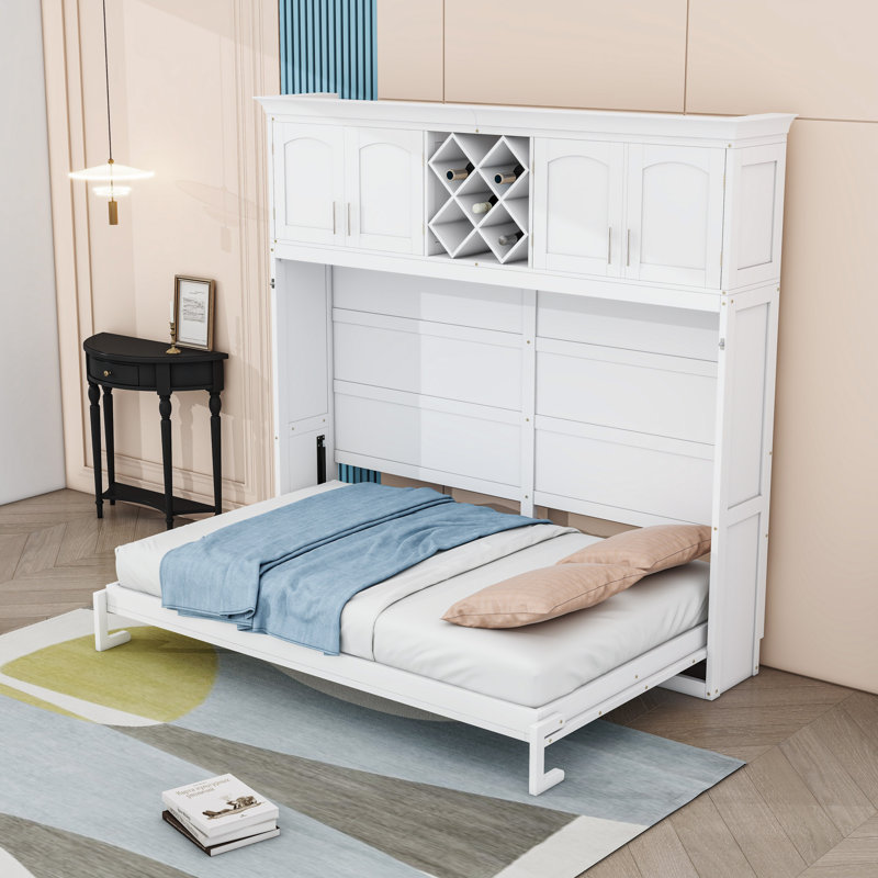 Grand lit escamotable en bois avec porte-bouteilles, Blanc