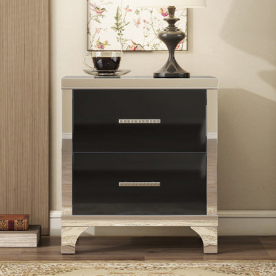 Élégante table de chevet ultrabrillante avec poignée en métal, table de chevet à miroir avec 2 tiroirs pour chambre à coucher, salon, noir