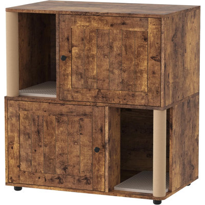 Double Cat Litter Box Enclosure Furniture with Scratching Post, 2-in-1 Hidden Litter Box Cabinet with Litter Mat, Large Litter Box Enclosure for 2 Cats