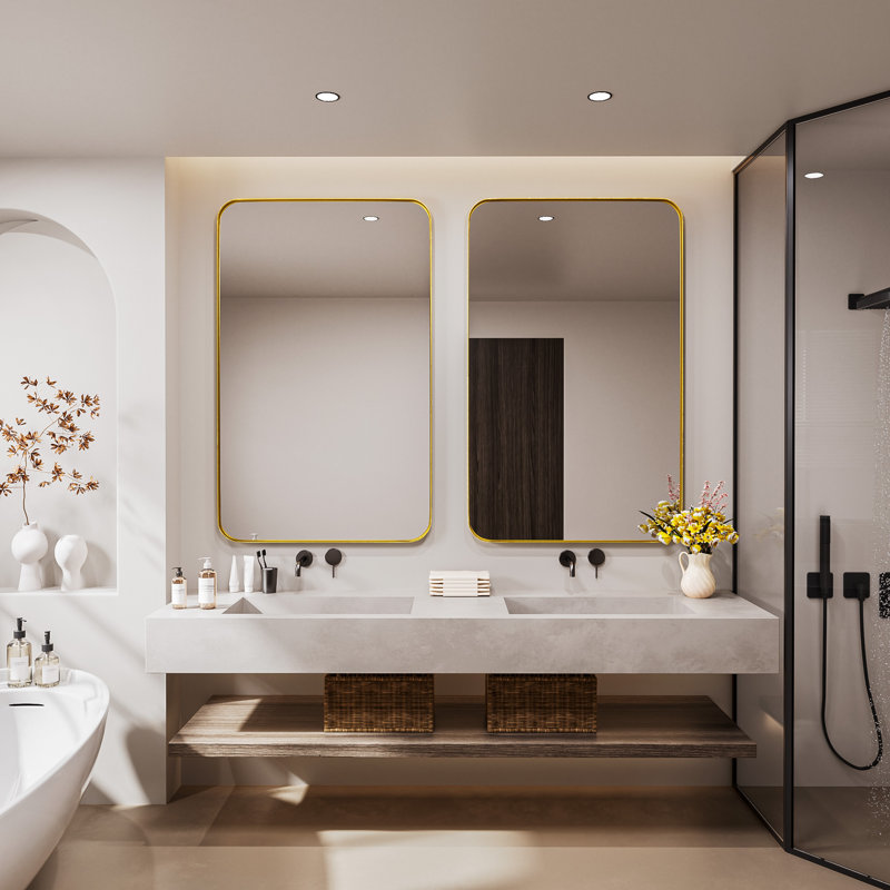 Cozy Design Tempered Glass Framed Wall-Mounted Bathroom Vanity Mirror, 30" x 48", Gold, Rectangle