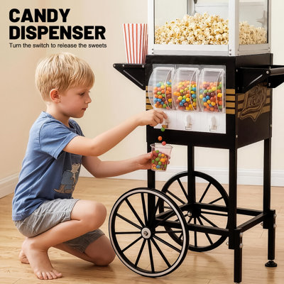 12oz Commercial Popcorn Machine with Cart, 3 Control Buttons Electric Popcorn Maker, Comes with 3 Candy Storage Boxes & 3 Plastic Spoons, Retro Popcorn Popper for Movie Theater Snack Bar.