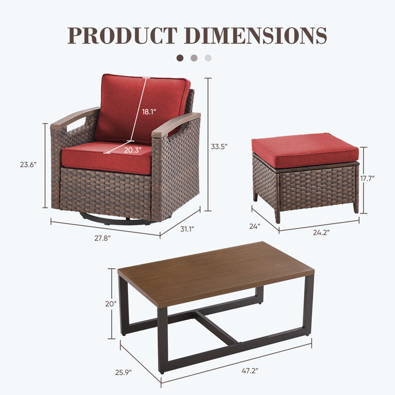 Ensemble de conversation d'extérieur en osier avec table basse 7 pièces Arundel, Rouge