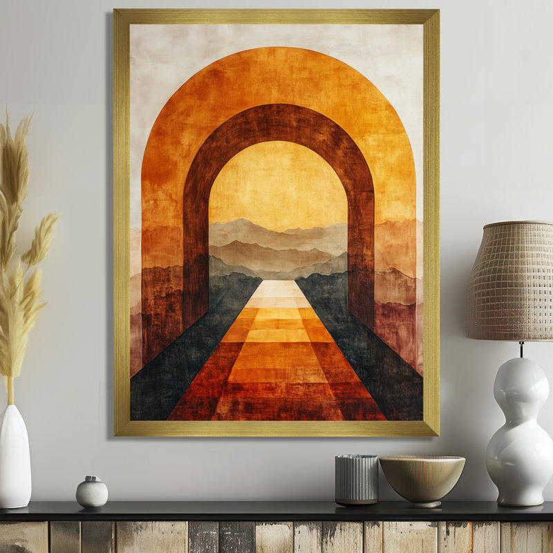 Perspective d'arche moderne orange et noire I - Tableau abstrait transitionnel encadré, H 44 po x l 34 po