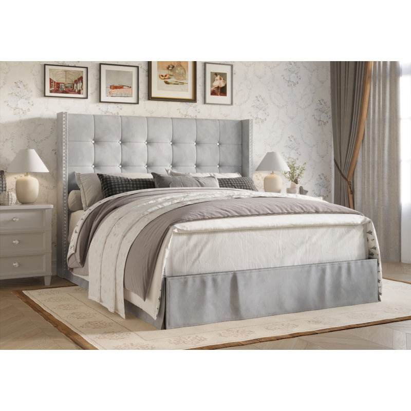Lit plateforme tapissier Aliviana, Simple, Gris argenté
