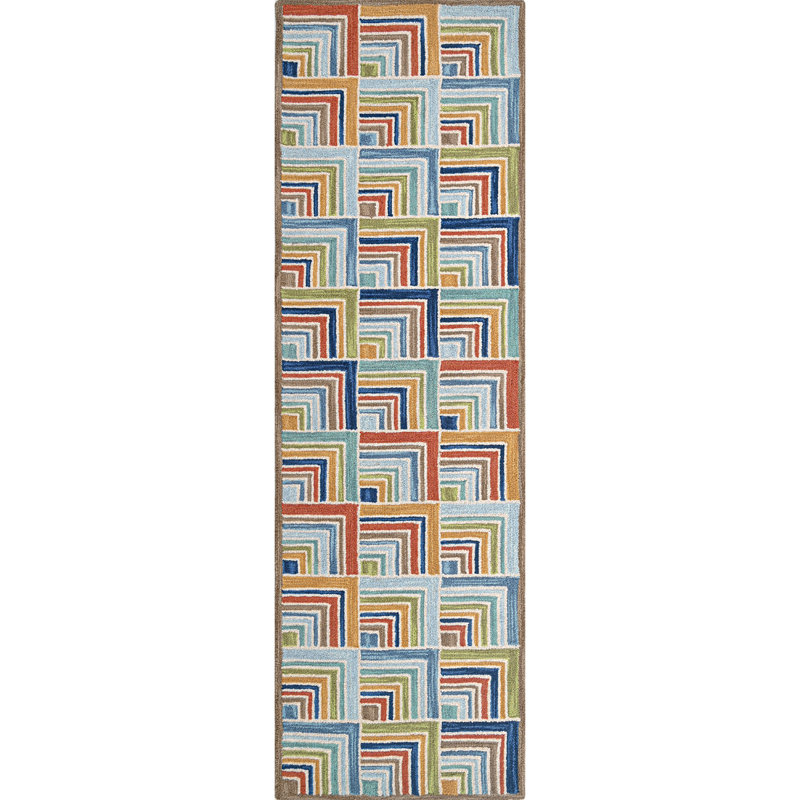 Log Cabin Handmade Hand Tufted Wool Green/Red/Blue Rug, Runner 2'6" x 8'