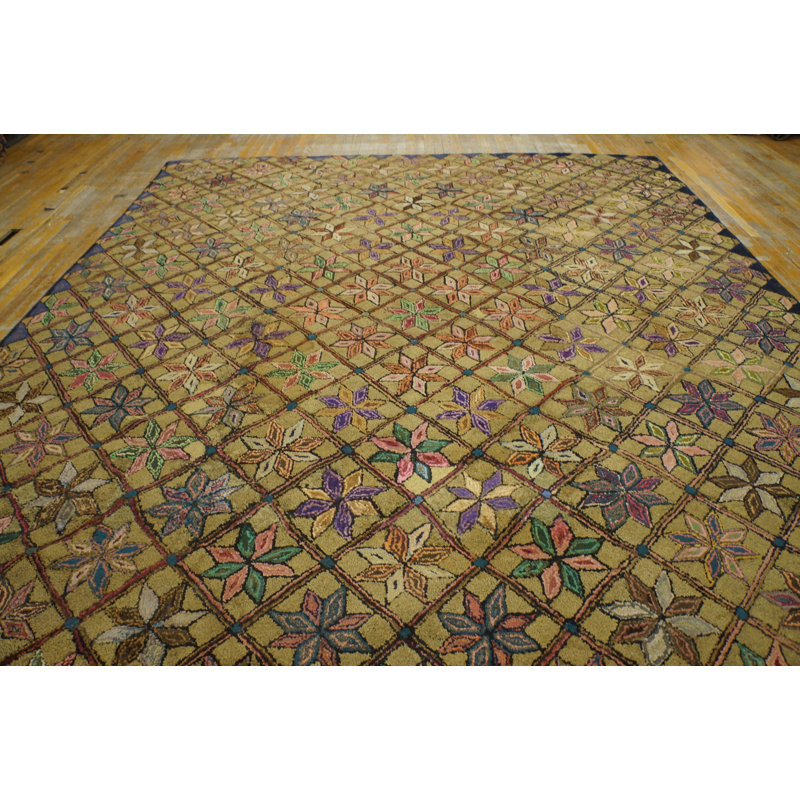 Antique Allover Floral Wool & Cotton Hooked - Loop Pile Ivory Beige Cream White 1920s Rug