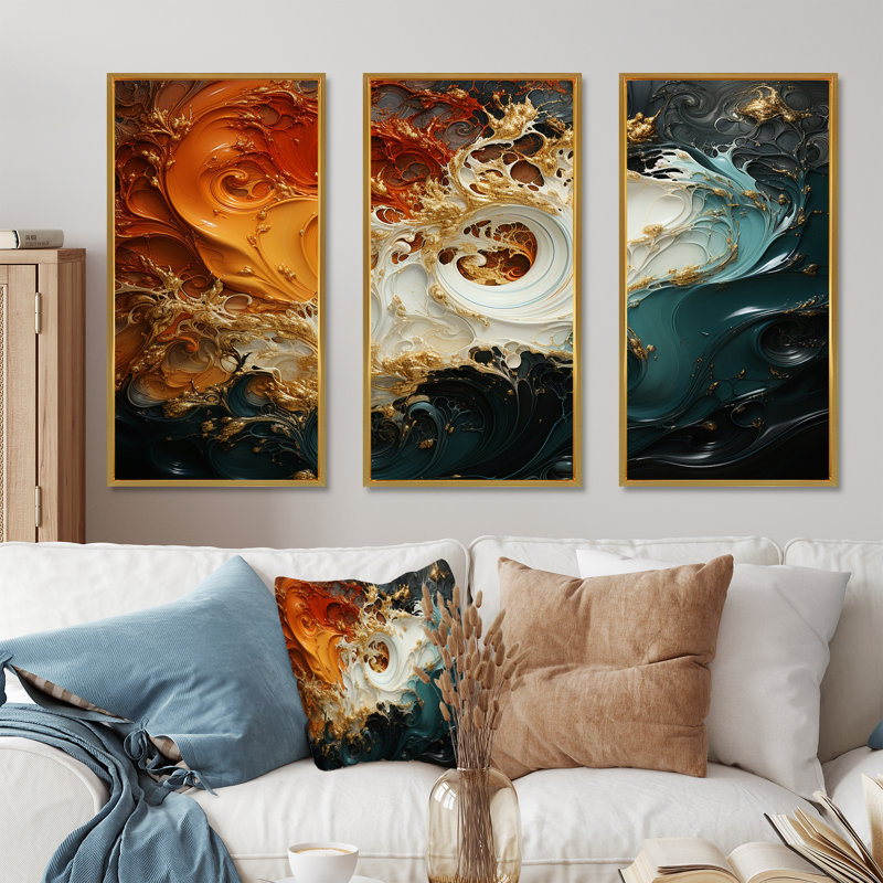 Orange et émeraude marbre lave VI - art mural abstrait, Cadre flottant doré, H 32 po x l 48 po x P 1 po