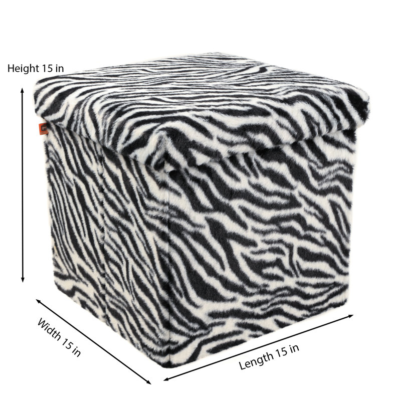 Go-Poufs Knock-Down Medium Cube Faux Fur Storage Ottoman |15"x15"x15", Zebra