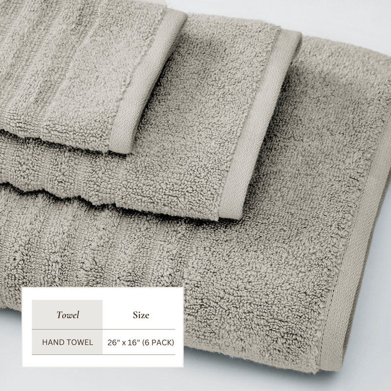 100% Zero-Twist Cotton Ribbed Bath Towels , Hand Towels - 6 Pack, Mid Gray