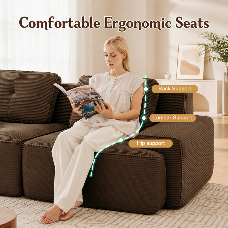 Canapé d'angle modulaire moderne en forme de L de 297 cm (117 pouces) pour salon, tissu velours côtelé, canapé 3 places avec assise profonde et pouf amovible, passepoil nacré, design capitonné, livré monté, antidérapant, couleur camel