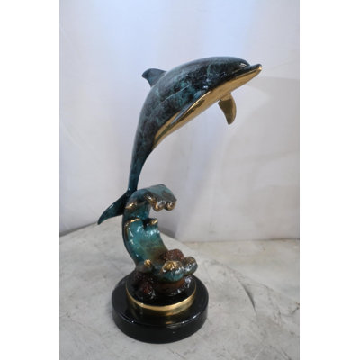 Single Dolphin Bronze Sculpture Leaping Wave Base 13"x8"x21"H