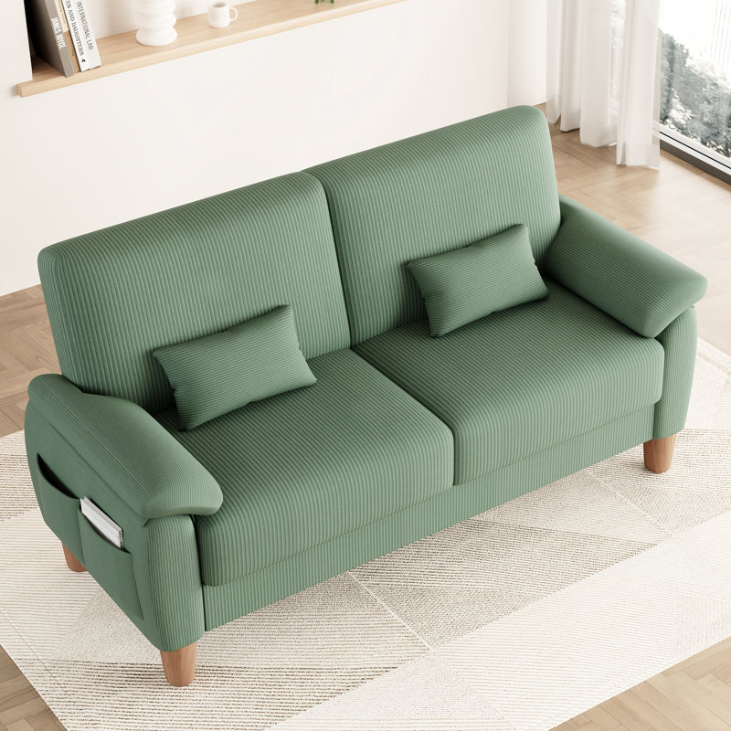 180cm corduroy 2-seater sofa with solid wood frame, spring seat cushion and two throw pillows, Green