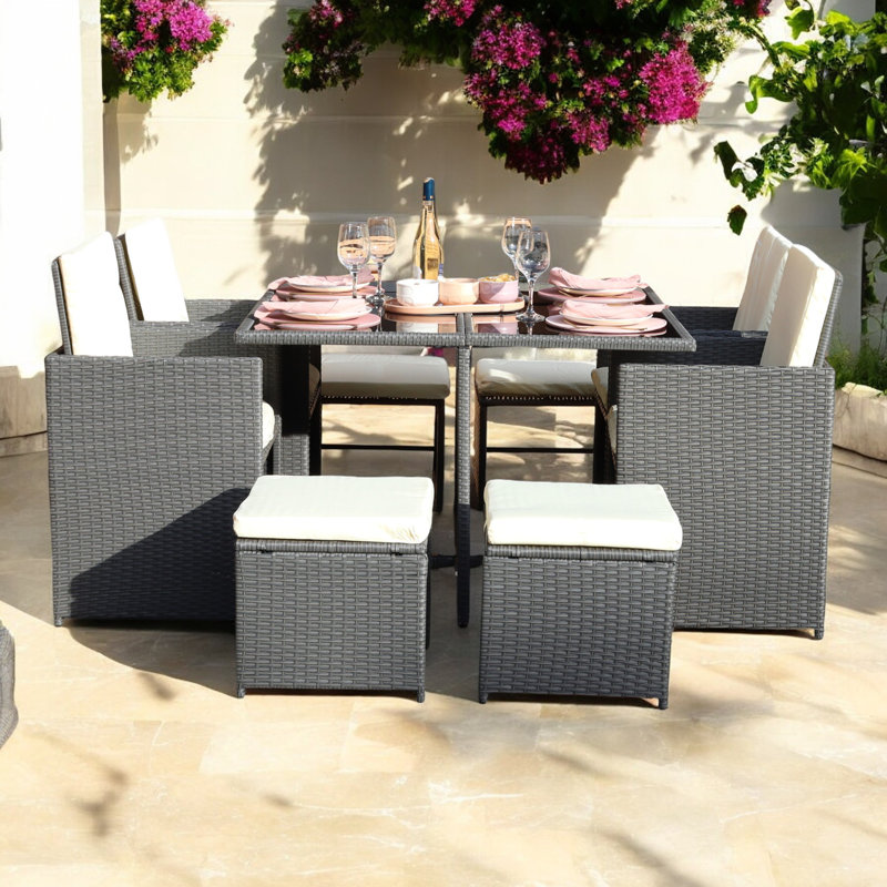 Brenlie 8 Seater Dining Set with Cushions, Grey