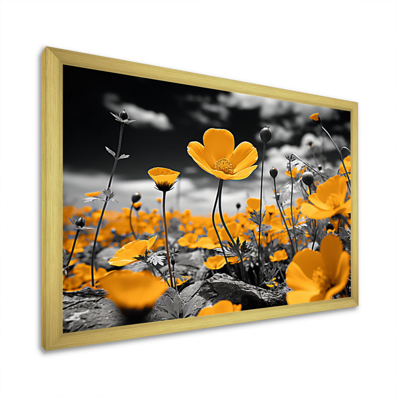 Jaune, jaune, doré, boutons d'or, noir et blanc, impression sur toile encadrée, H 32 po x l 24 po x P 1 po, Or