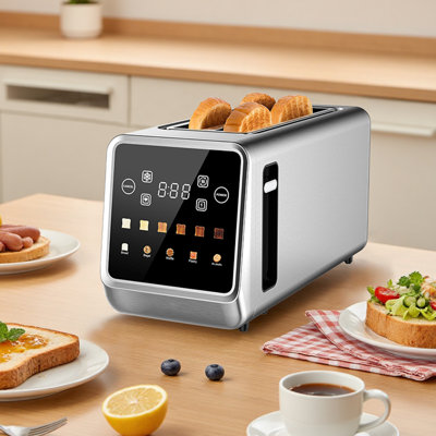 Long Slot Toaster, 4-Slice, with Touch Screen LED Display. Features 1.5-inch extra-wide slots for thick bread and bagels, a countdown timer, memory function, dual independent controls, and 6 shade settings. Constructed with stainless steel.