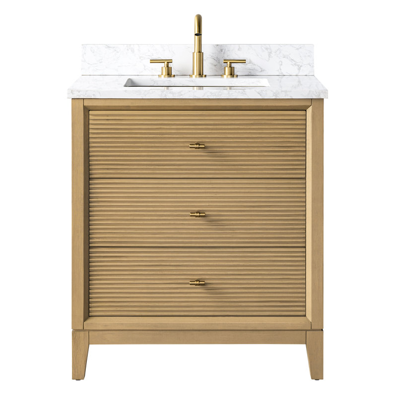 Meuble-lavabo simple 30 po avec plateau en marbre d'ingénierie, Chêne naturel, Doré brossé, Arabescato blanc