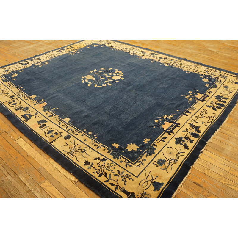 Antique 1900s Rectangle Hand Knotted Pile Wool Blue Rug