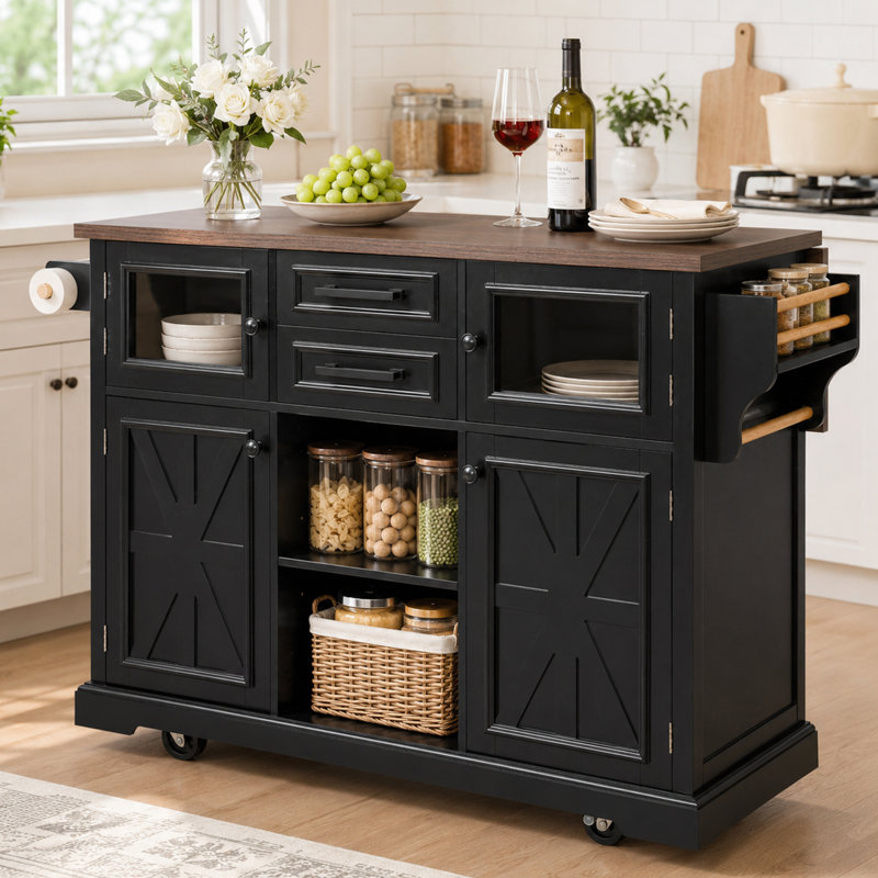 Kayoyr Kitchen Island with Drop Leaf Power Outlet and Storage Cabinets