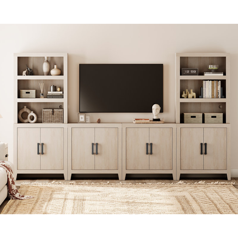 Entertainment Center With Bookshelves, 4-Piece Modular TV Stand With Storage Towers, Farmhouse Media Console With Concealed Storage For Living Room, Bedroom, Beige
