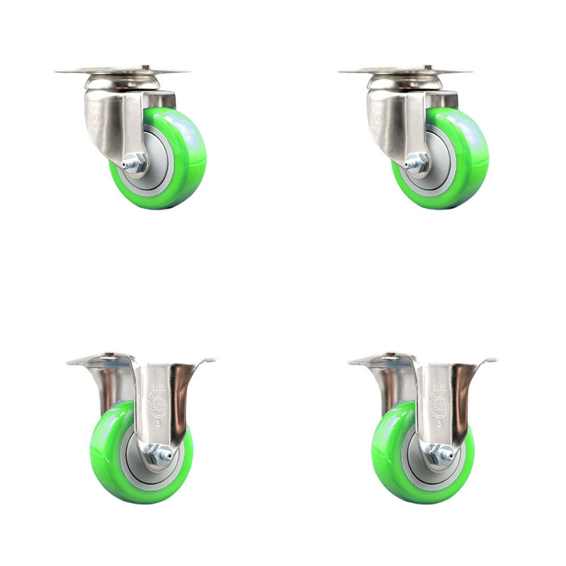 Ensemble de roulettes à plateau pivotant en polyuréthane 3 pouces 3 pouces 316SS, Vert