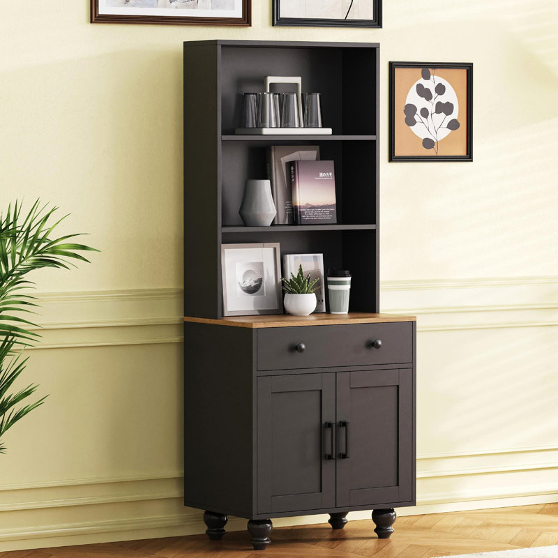 Armoire de rangement Farmhouse avec 4 pieds en bois massif en forme de gourde, armoire de cuisine moderne avec tablettes réglables, bibliothèque à 5 niveaux avec tiroir pour le salon, noir