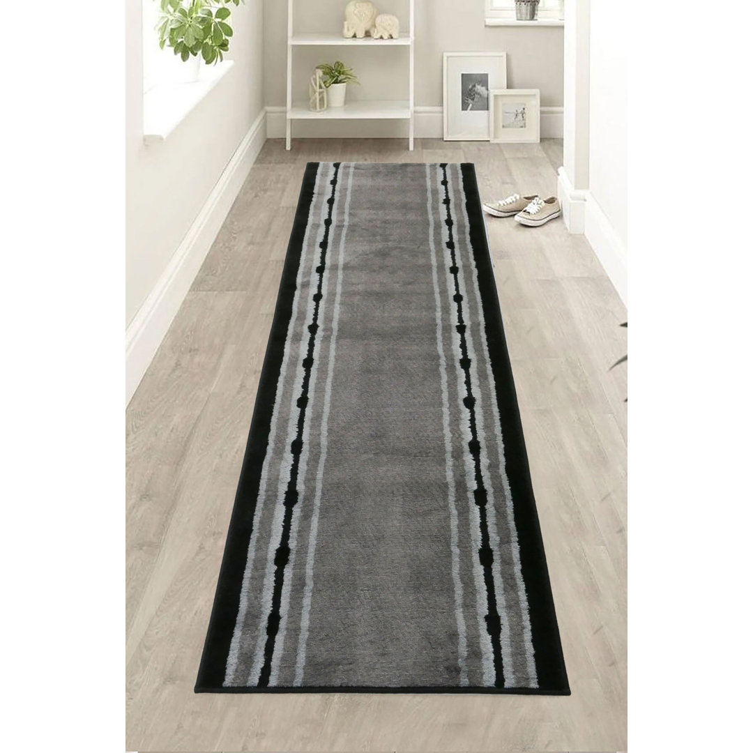 Custom Size Anti-Slip Machine Washable Medium Profile Cut Pile Dot Bordered Gray Runner Rug Latitude Run® Rug 