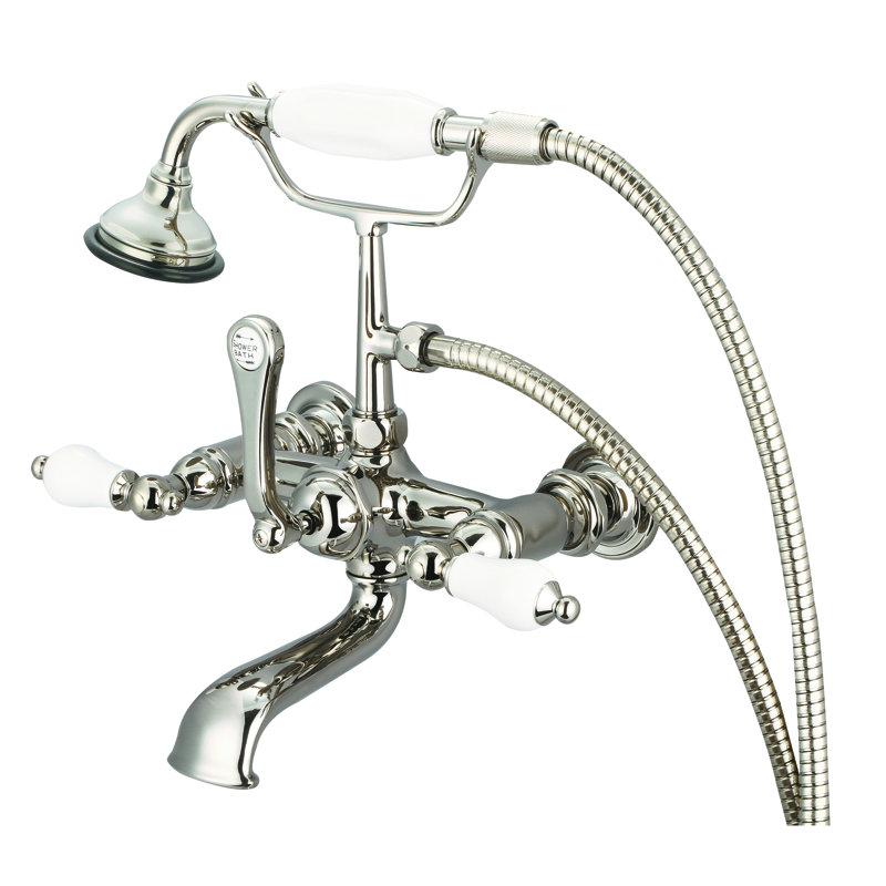 Stonington 2 Handle Wall Clawfoot Tub Faucet with Diverter, Polished Nickel, Porcelain Lever Handles