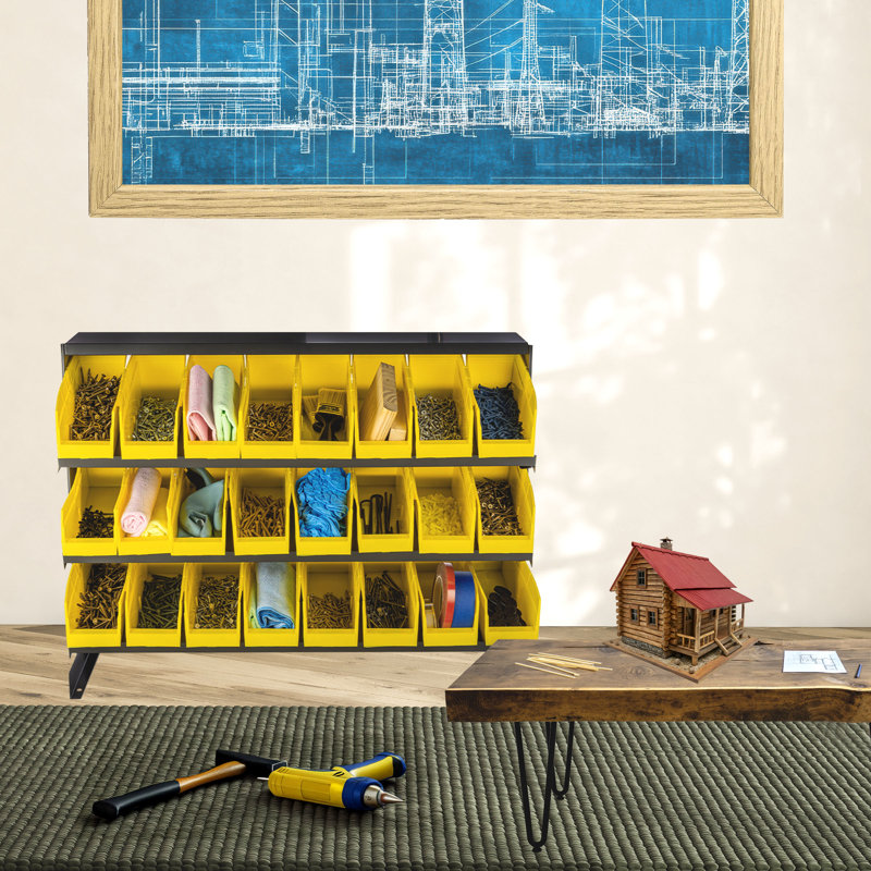Stalwart Small Parts Organizer with Plastic Storage Bins - Powder-Coated Steel Rack with Removable Drawers for Garage Organization (Yellow)