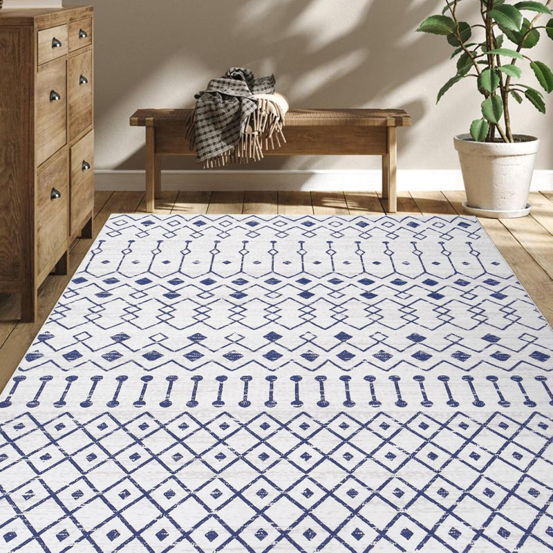 Tapis lavable géométrique 9 x 12 po Boho, tapis rétro doux pour le salon, la chambre à coucher, la salle à manger, le bureau, bleu